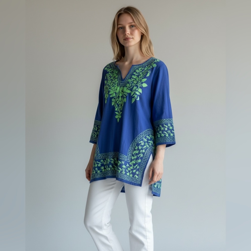 GRETCHEN SCOTT BLUE GREEN BEACH EMBROIDERED V NECK TUNIC BLOUSE GD COND M